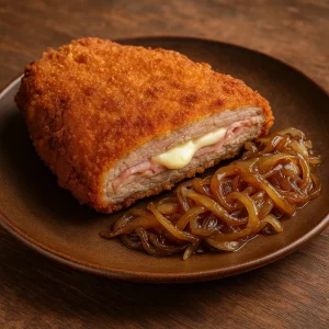 Cachopo ropogós bundában, karamellizált hagymával