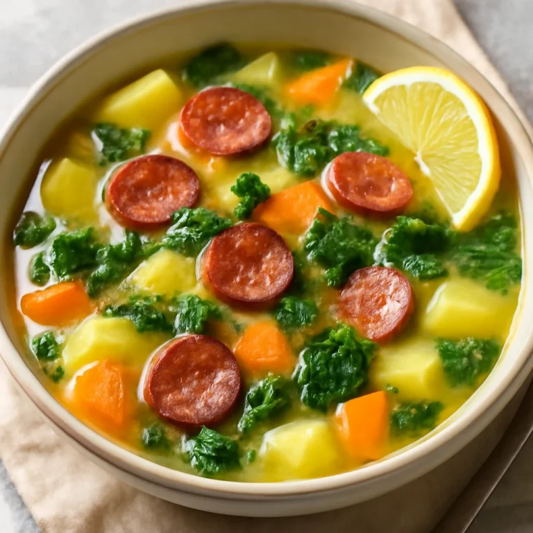 Caldo Verde citromlével, friss kale-lel és kolbásszal tálalva
