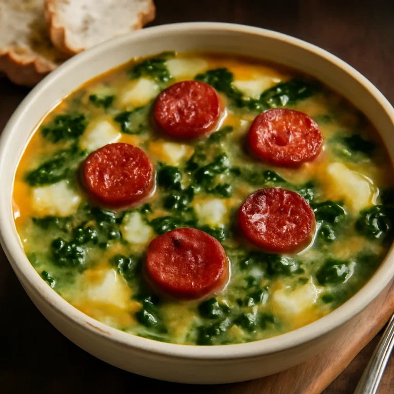 Caldo verde fokhagymával, gazdag krumplival, kale-levelekkel és chorizóval tálalva.