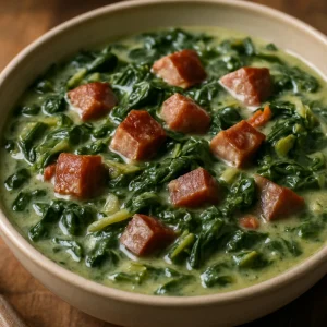 Karibi callaloo füstölt hússal és kókusztejjel