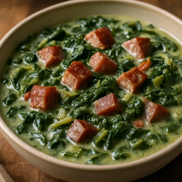 Callaloo füstölt hússal, zöld leveles főzelék tálalva füstölt húskockákkal és kókusztej alapban