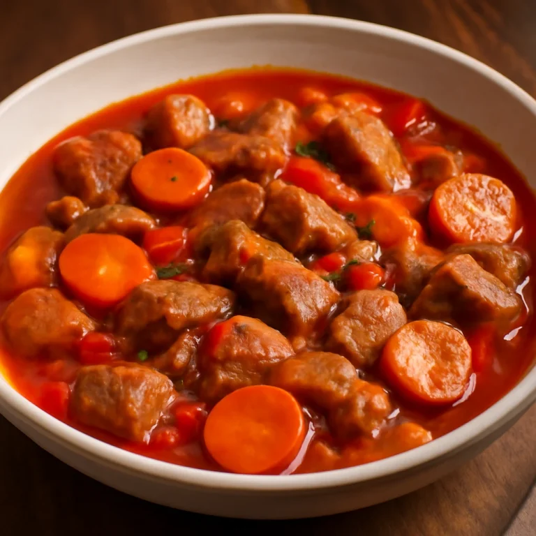 Callos sárgarépával, disznóhússal és zöldségekkel tálalva egy tányéron