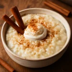 Canjica fahéjjal, egy tálban, tejszínnel és fahéjjal díszítve, melegen tálalva.