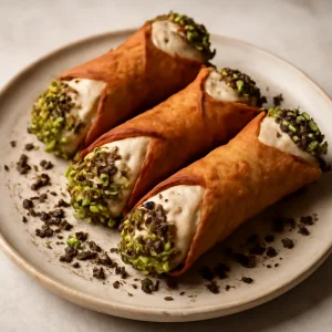 Friss cannoli fahéjas ricotta töltelékkel, díszítve pisztáciával és étcsokoládéval