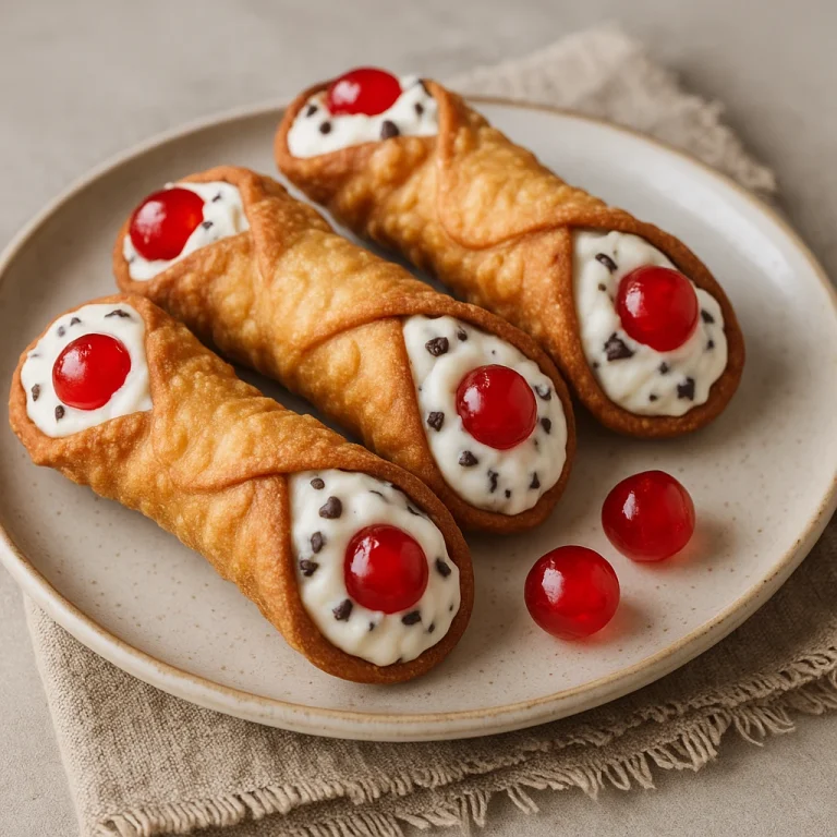 Cannoli ropogós tésztával, kandírozott cseresznyével díszítve, ricottás krémmel töltve