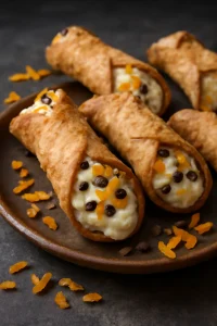 Cannoli édes töltelékkel, csokoládéval és kandírozott narancshéjjal díszítve