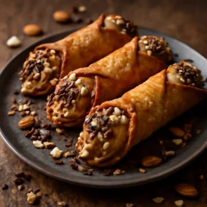 Töltött cannoli karamellás mascarponeval, mandulával és csokoládéval