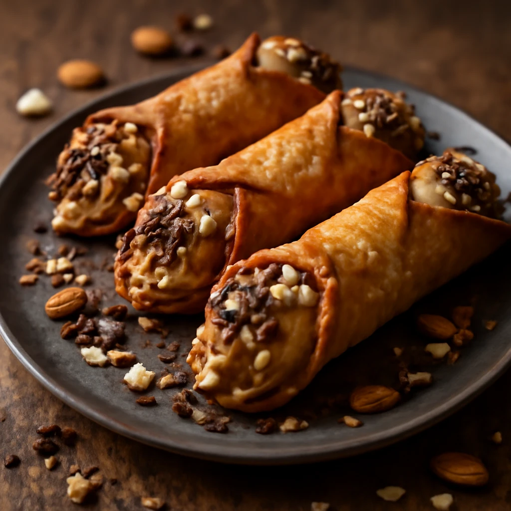 Töltött cannoli karamellás mascarponeval, mandulával és csokoládéval
