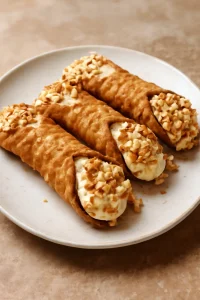 Olasz cannoli, édes ricottás töltelékkel, ropogós tésztában, mandulával díszítve