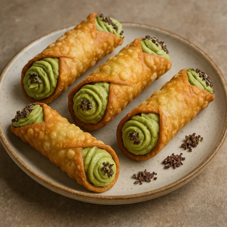 Cannoli matcha zöld teás töltelékkel, ropogós tésztával tálalva