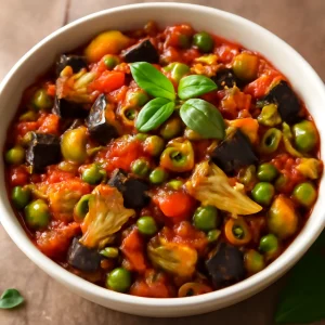 Friss és gazdag caponata articsókával és borsóval