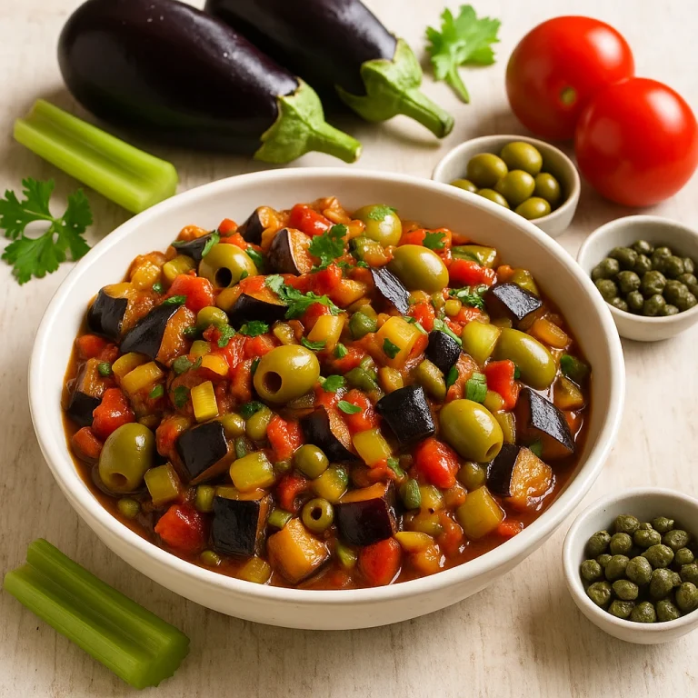 Caponata cataniai stílusban sült padlizsánnal, zellerrel és olívabogyóval tálalva