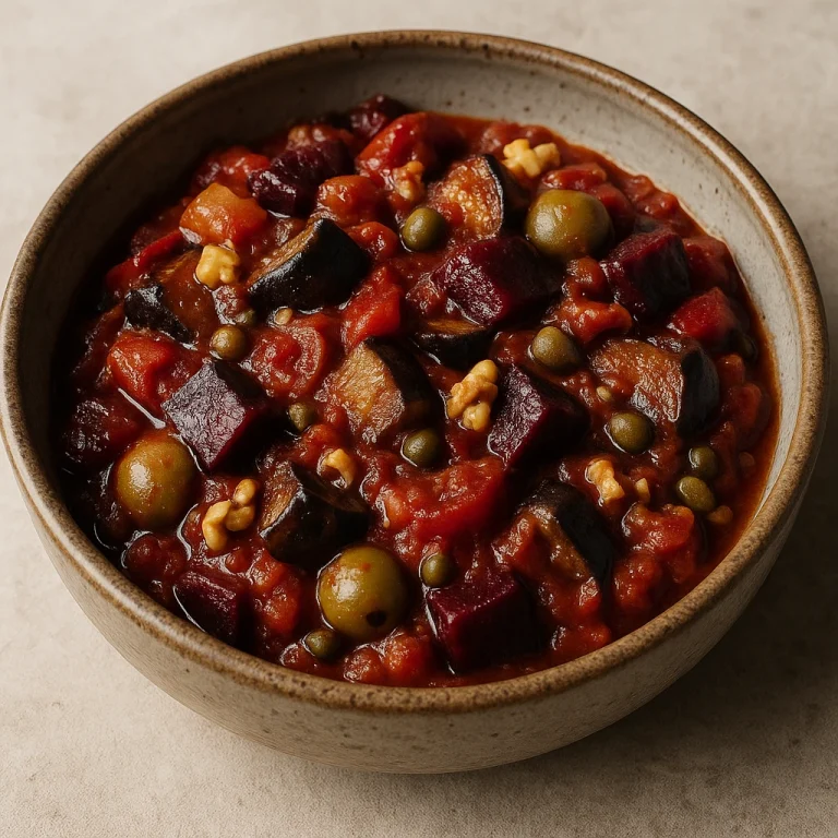 Caponata céklával és dióval tálalva rusztikus tálban