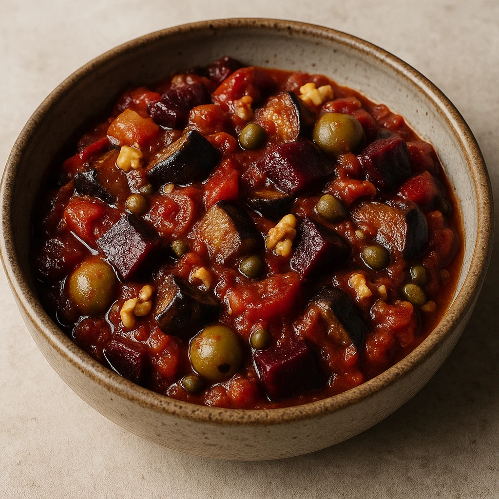 SzicÃ­liai caponata sÃ¼lt cÃ©klÃ¡val, padlizsÃ¡nnal Ã©s diÃ³val