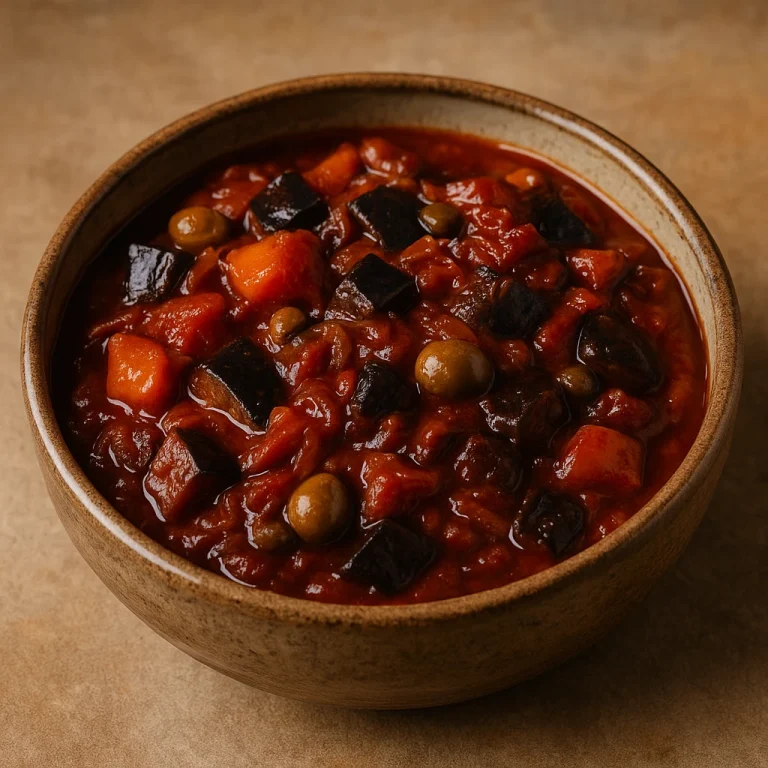 Caponata csokoládéval és fahéjjal tálalva, paradicsomos szószban, olívabogyóval