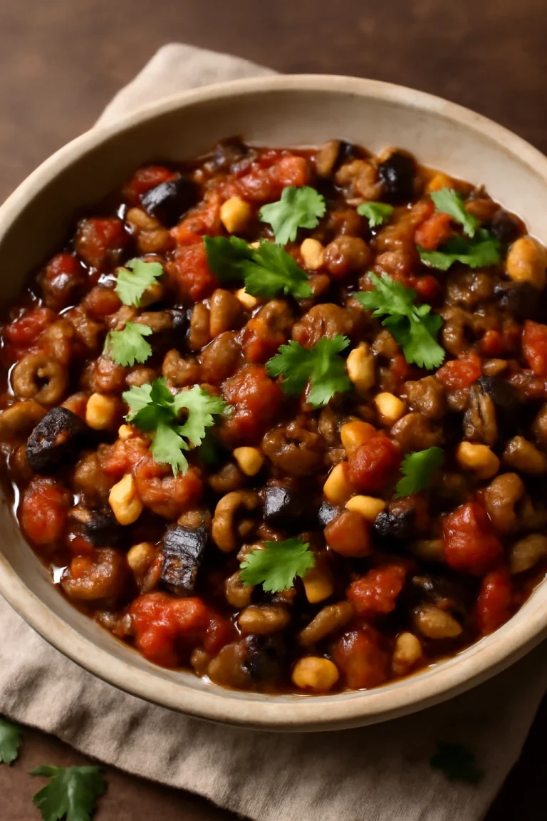Caponata fenyőmaggal és mazsolával, tálalva friss korianderrel