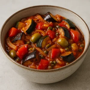 Füstös ízű olasz caponata grillezett zöldségekkel és olívabogyóval