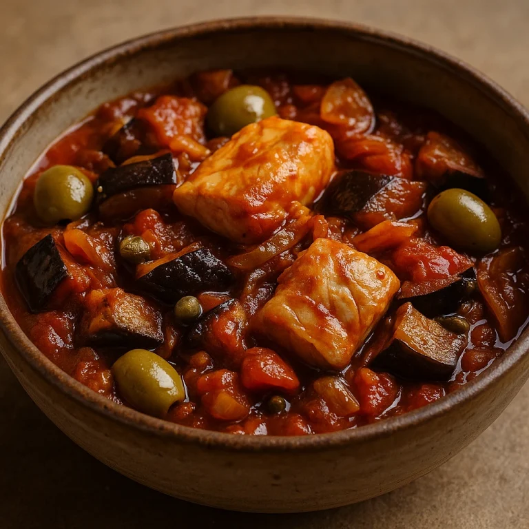 Caponata halas változatban tálalva, paradicsomos szósszal és olívabogyóval