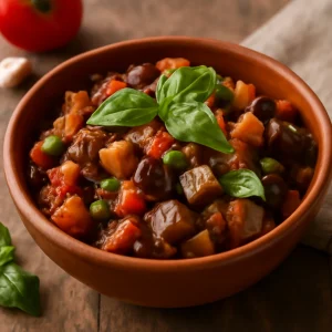 Caponata tálalva friss bazsalikommal