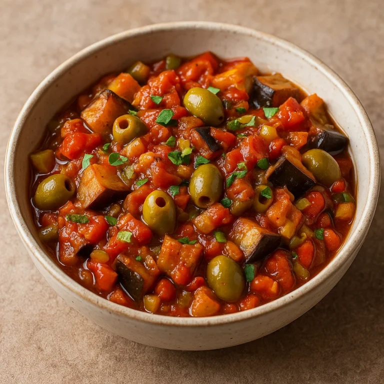 Caponata messinai stílusban tálalva, padlizsánnal, olívabogyóval és paradicsommal