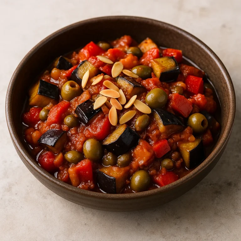 Caponata paprikával és mandulával tálalva, rusztikus tálban