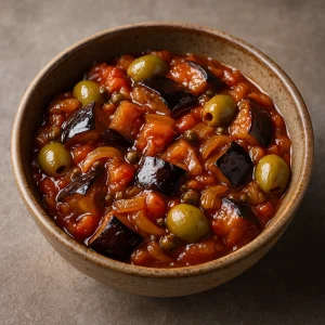 Szicíliai caponata mézzel, olívabogyóval és sült padlizsánnal