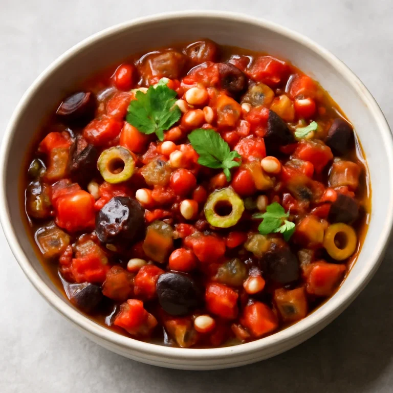 Caponata trapanesi stílusban, gazdag padlizsánnal és paradicsommal tálalva