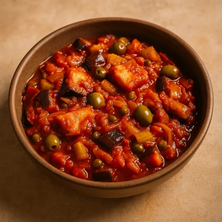 Caponata vegán változatban tálalva, padlizsánnal, olívabogyóval és paradicsomos szósszal