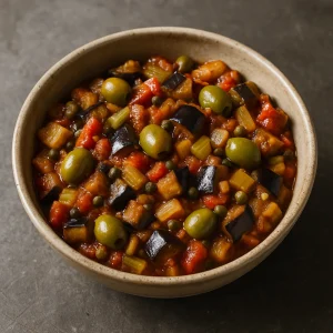 Szicíliai caponata padlizsánnal, zellerrel és olívabogyóval