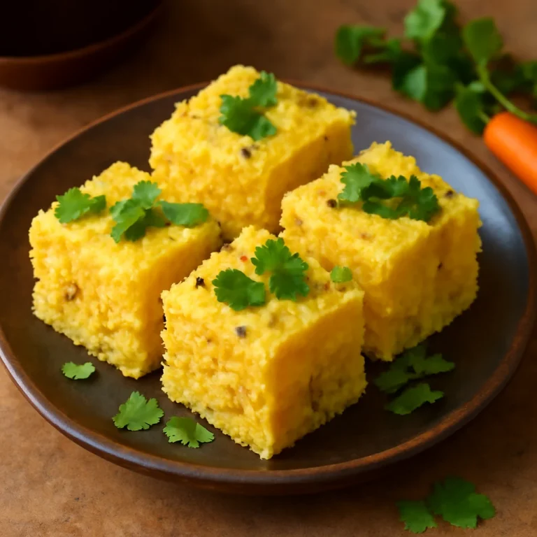 Carrot Dhokla, párolt, sárgarépás és korianderrel díszítve