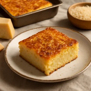 Gazdag cassava sütemény, parmezán sajttal és kókusztejjel