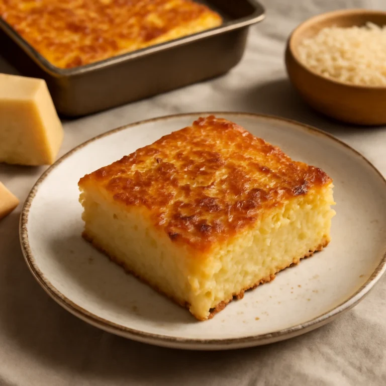 Cassava Cake parmezán sajttal, gazdag, édes és sós ízvilágú sütemény