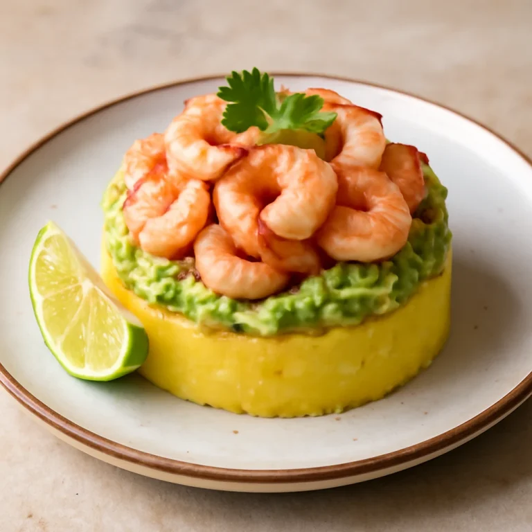 Causa de camarones friss garnélarákkal, lime-mal és korianderrel