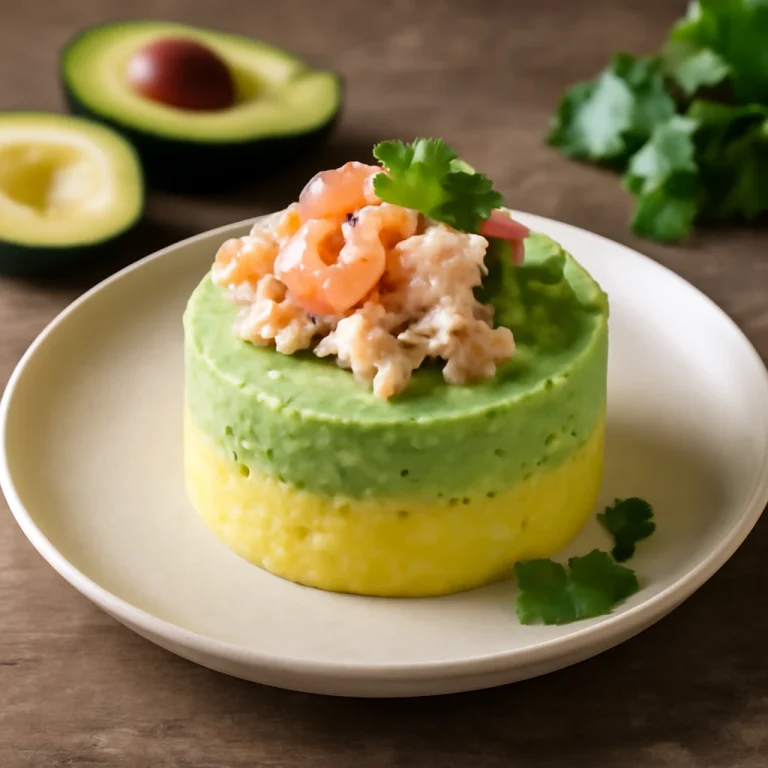 Causa de palta avokádóval, friss tenger gyümölcseivel és korianderrel díszítve