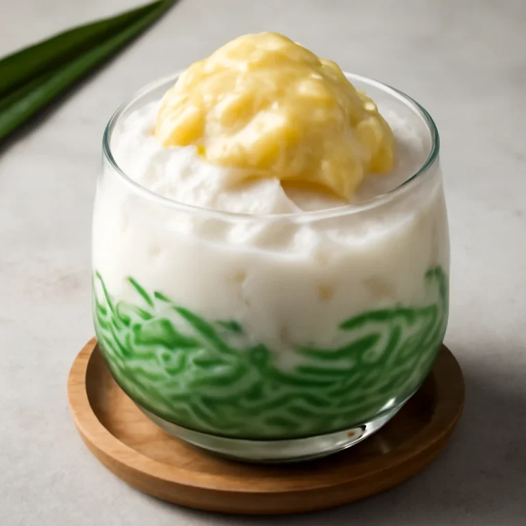 Cendol duriánnal, kókusztejjel tálalva, friss tésztával és jégkockákkal
