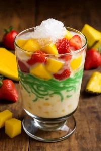 Friss gyümölcsökkel tálalt cendol, jégkockákkal és kókusztejjel