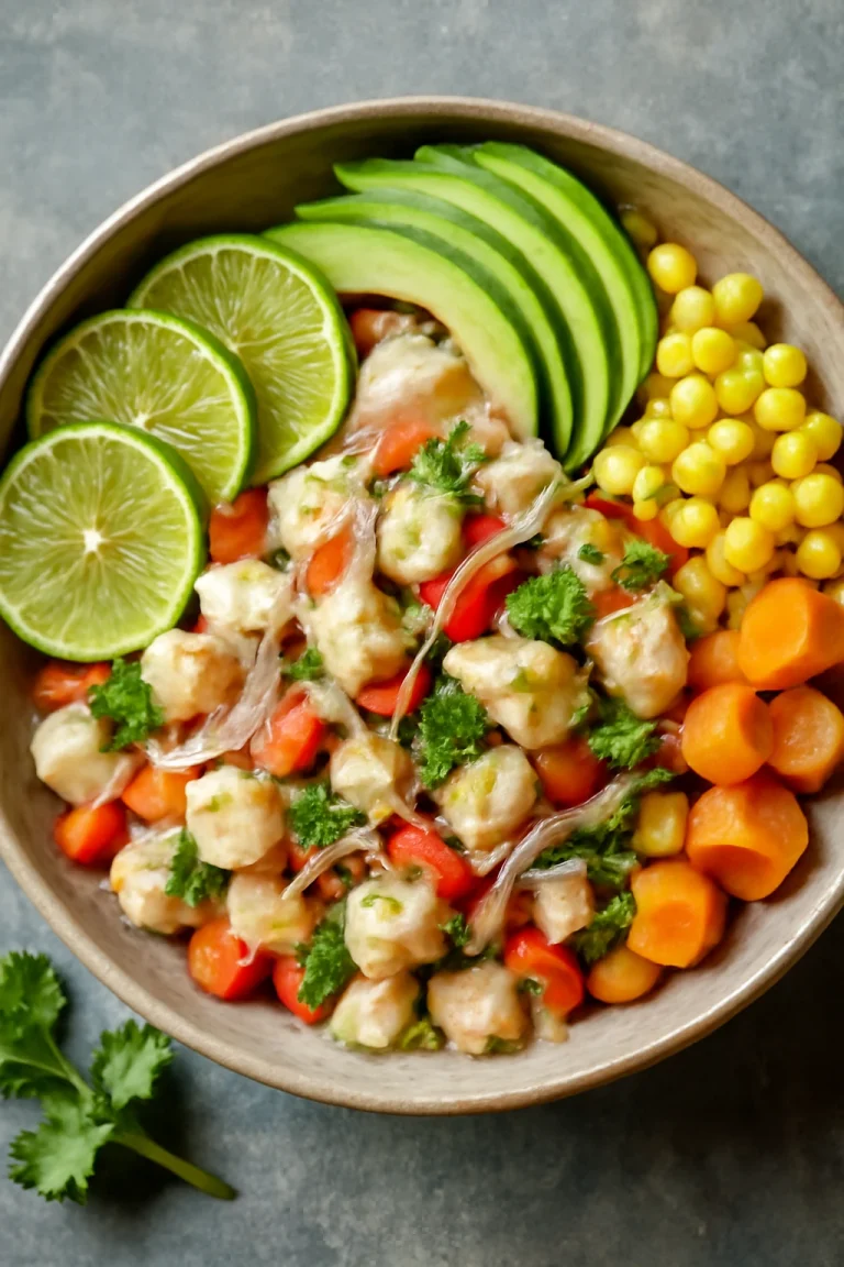 Ceviche Chileno tálalva lime-lével és avokádóval