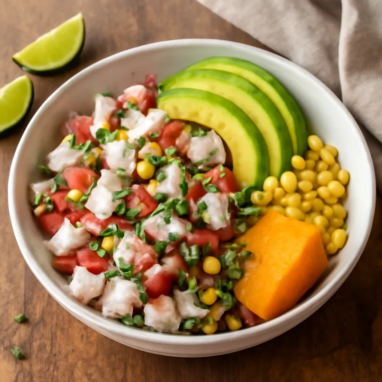 Ceviche Costarricense tálalva lime-lével és avokádóval