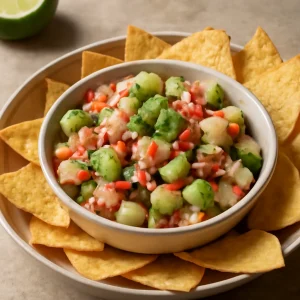 Frissen tálalt Ceviche Mexicano avokádóval és tortillachips-szel