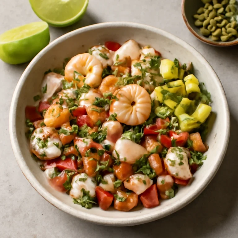 Ceviche Mixto tálalva lime-lével és avokádóval