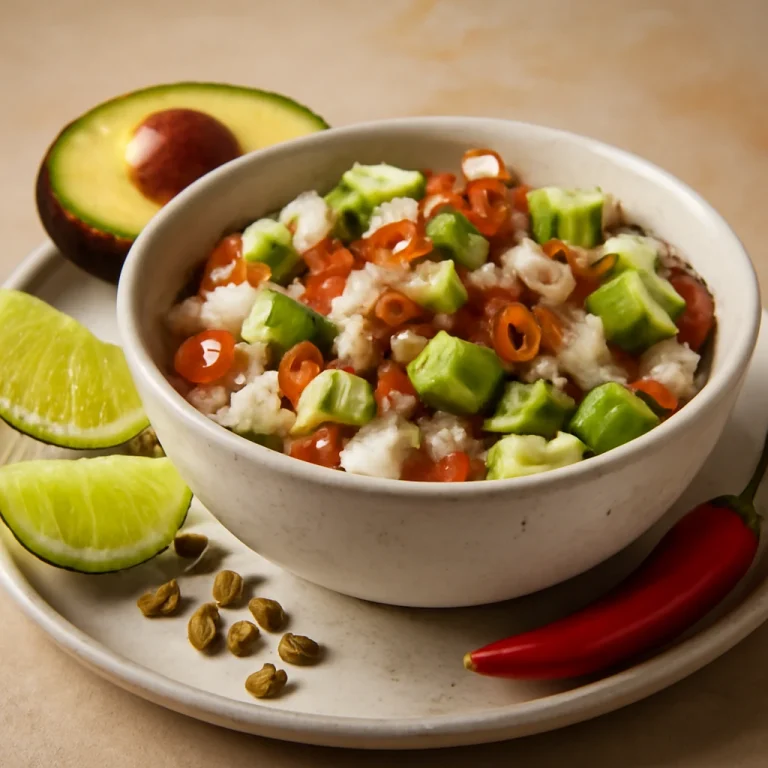 Ceviche con Aguacate tálalva lime-lével és avokádóval