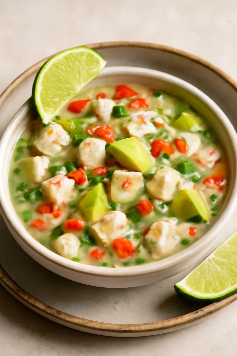Ceviche con Leche de Tigre tálalva lime-lével és avokádóval