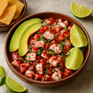 Frissen tálalt Ceviche de Pulpo, gazdag lime és chili ízekkel