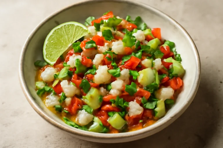 Friss ceviche lime-lal, korianderrel és avokádóval tálalva