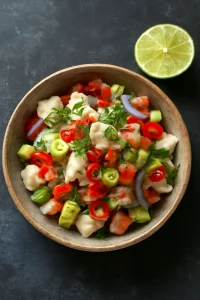 Friss, lime-mal készült ceviche, gazdag halas és avokádós ízekkel