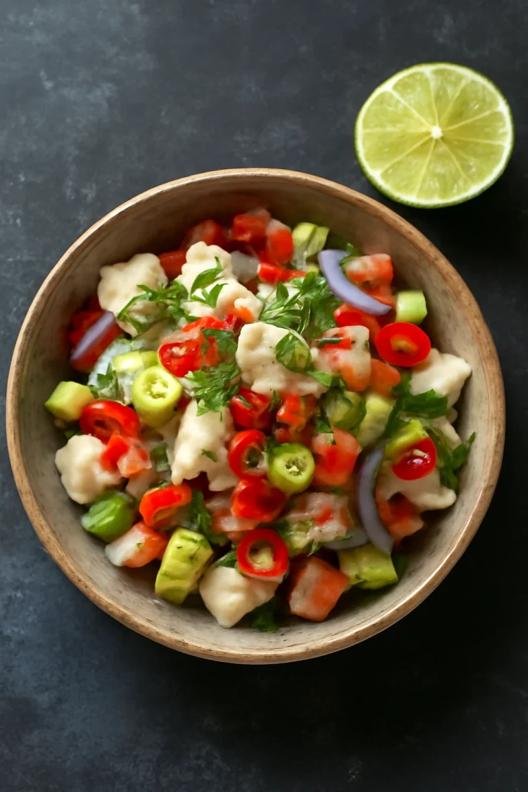 Ceviche klasszikus lime-mal, hal, avokádó és paradicsom friss kombinációja