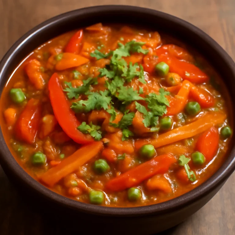 Chakalaka curry fűszerrel, gazdag zöldségekkel és fűszerekkel tálalva, friss korianderrel díszítve