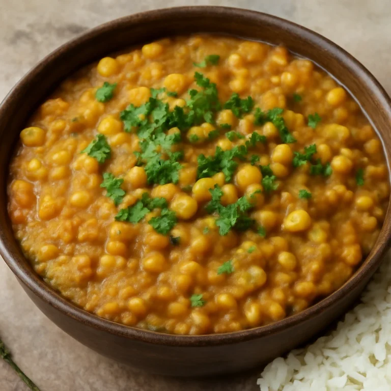 Chana Dal csicseriborsó, fűszeres, aranysárga étel korianderrel díszítve