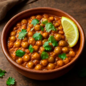 Friss Chana Masala citromlével és korianderrel tálalva