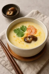 Finom japán tojásos étel, friss korianderrel díszítve